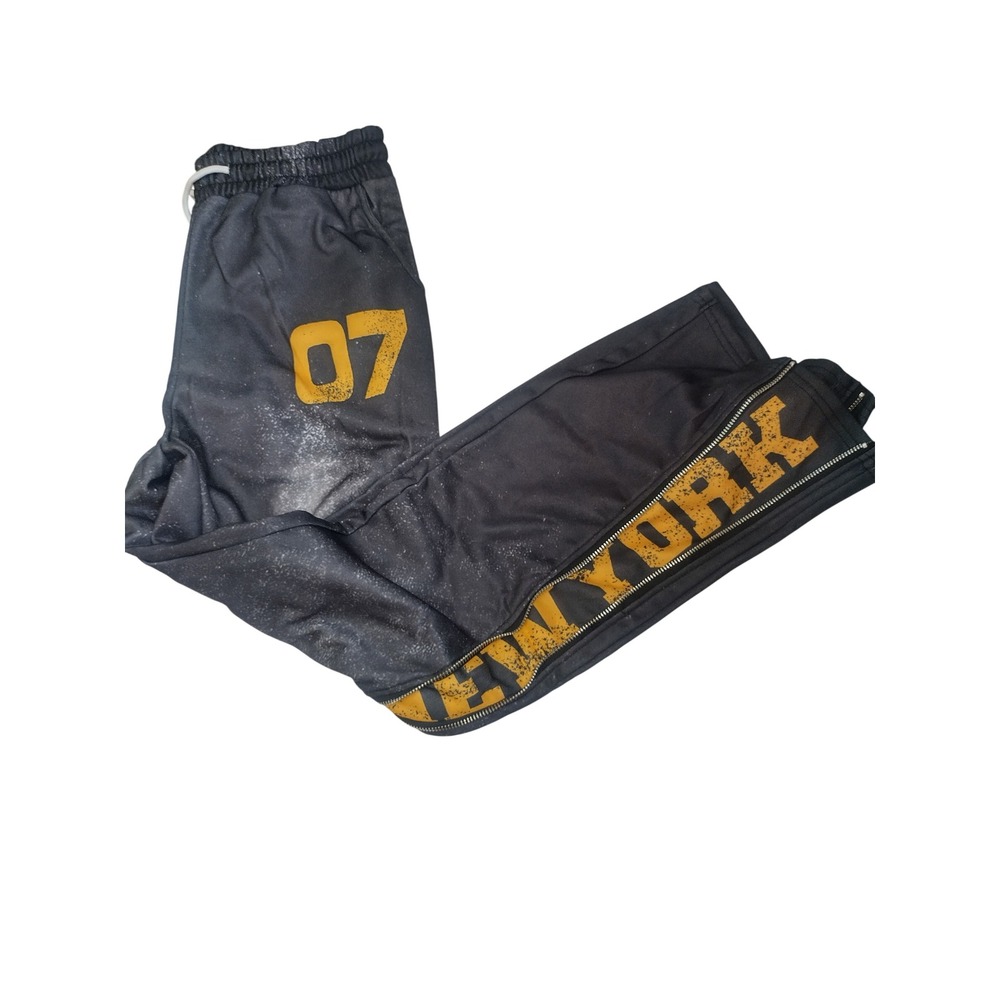 New York 07 Graphic Sweatpants Black Yellow Side Zip Joggers Small